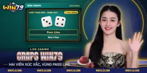 Craps Win79 với hai viên xúc xắc ở lượt tung đầu và các vùng đặt cược trên bàn