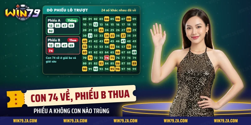 Dò phiếu lô trượt Win79 với một phiếu thắng và một phiếu thua trên bảng số đã về